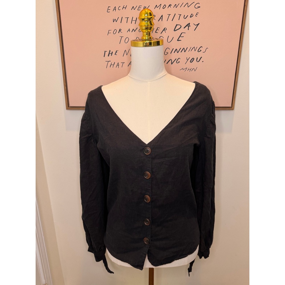 Urban Outfitters Black Button Front Blouse Tie Sleeve V-Neck Top, Size Large